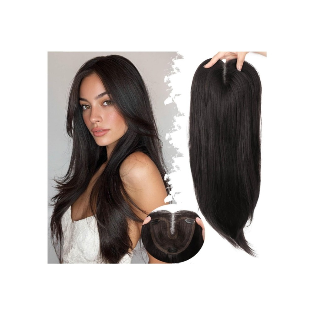 Darkest Brown Synthetic Hair Topper 24 Inch Layered 5x6 Base Clip In Wispy Bangs
